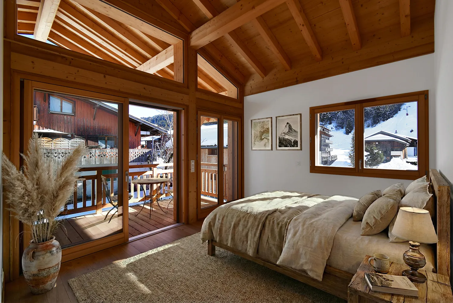 Chambre de chalet avec balcon meublée en home staging virtuel, vue sur la montagne