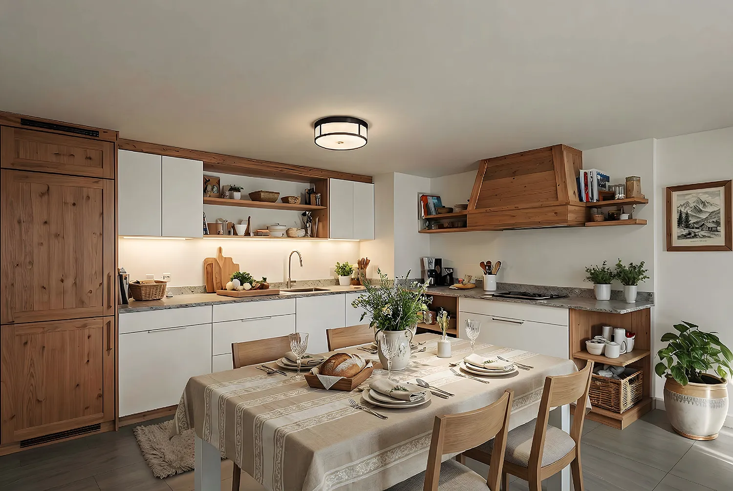 Cuisine et salle à manger meublées en home staging virtuel, style chalet