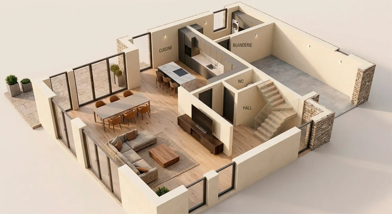 Plan 2D transformé en modélisation 3D photoréaliste : aménagement et mobilier du logement vus en perspective