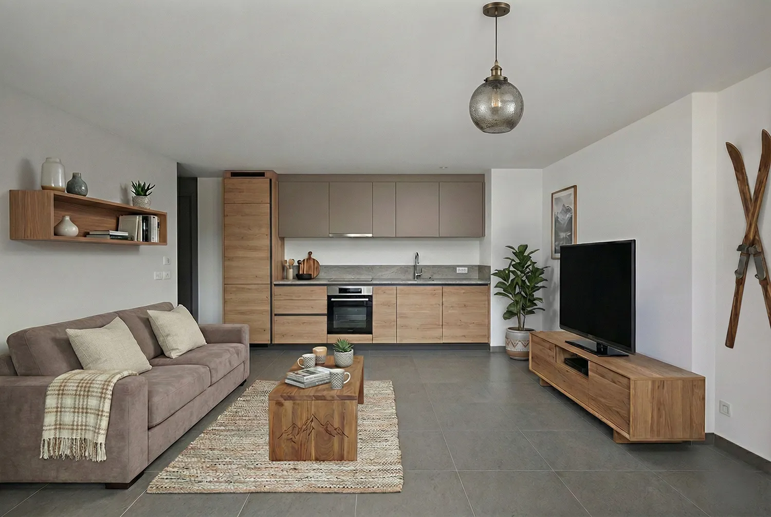 Salon et cuisine ouverte d'appartement meublés en home staging virtuel, décoration montagne