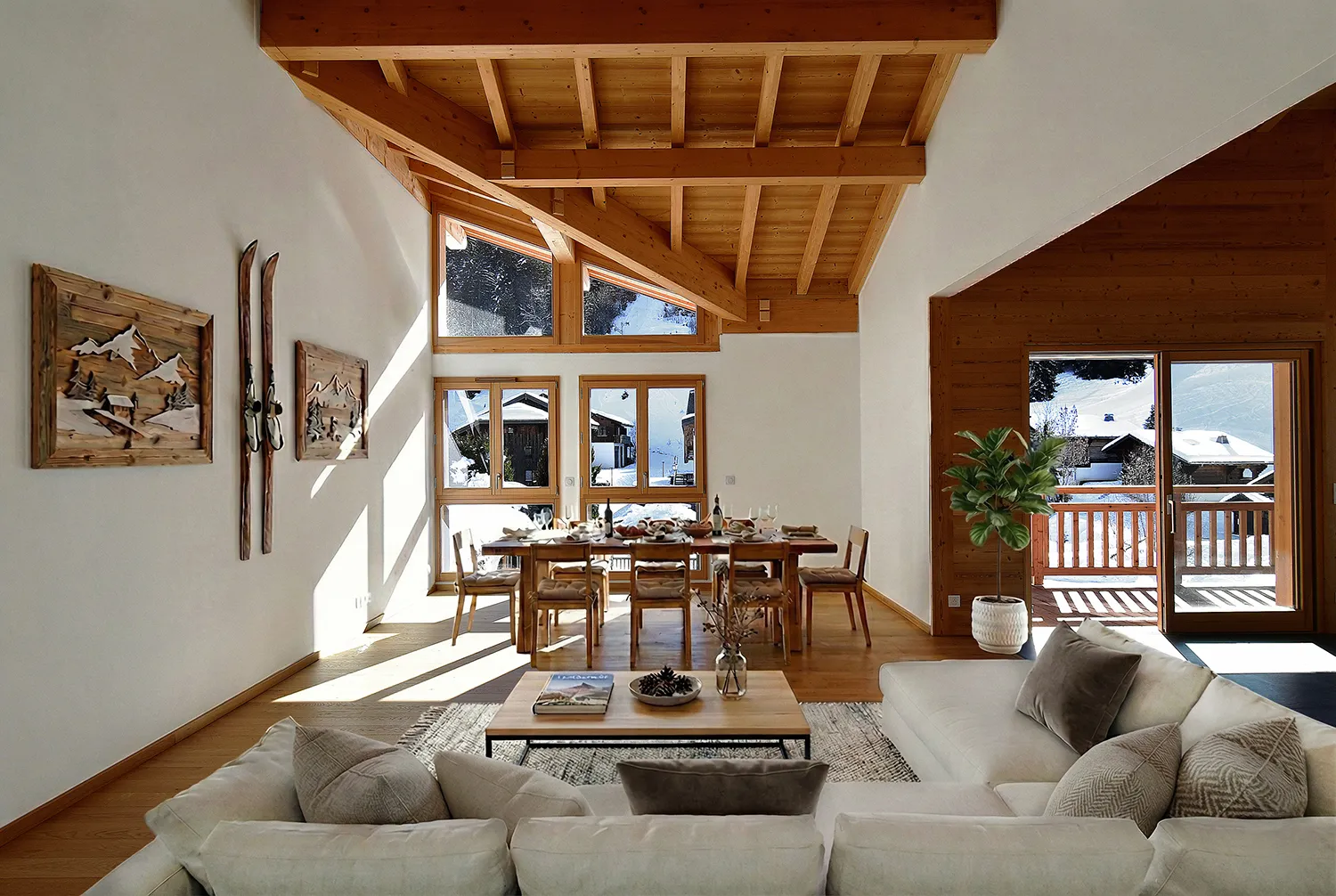Grand séjour de chalet sous charpente meublé en home staging virtuel, avec salle à manger