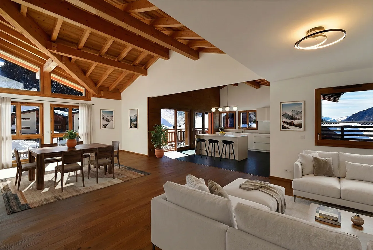 Séjour de chalet sous poutres apparentes meublé en home staging virtuel, avec salle à manger et cuisine
