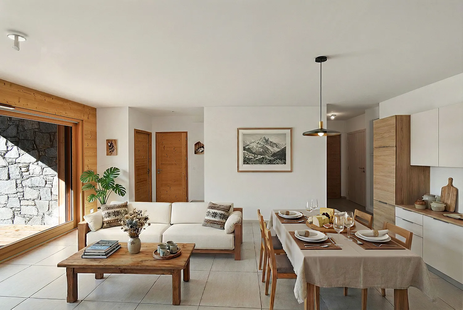 Séjour, salle à manger et cuisine ouverte meublés en home staging virtuel