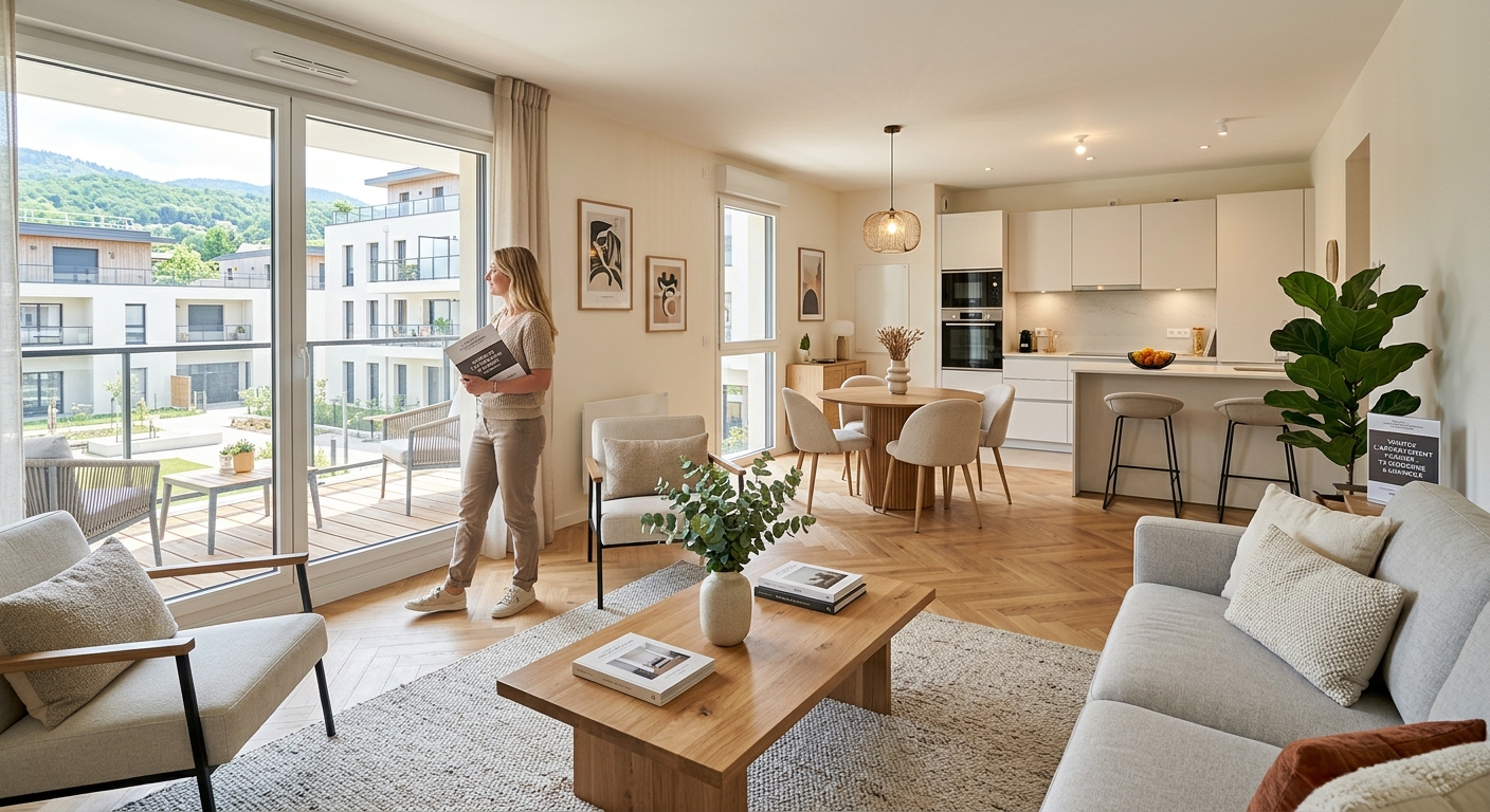 Appartement témoin meublé d'un programme neuf, séjour ouvert sur la cuisine et le balcon, avec une conseillère commerciale tenant une plaquette