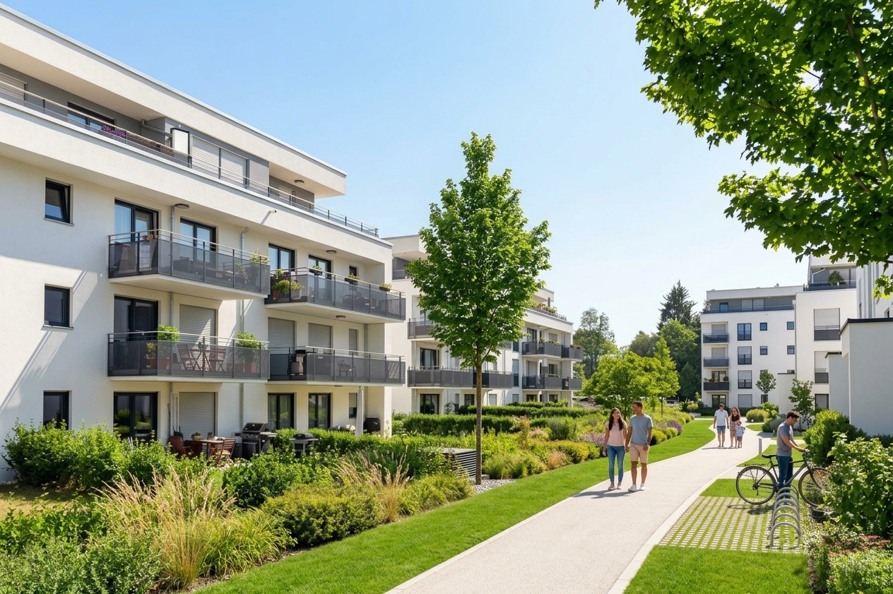 Résidence neuve avec balcons, espaces verts paysagers, allée piétonne et stationnement vélos