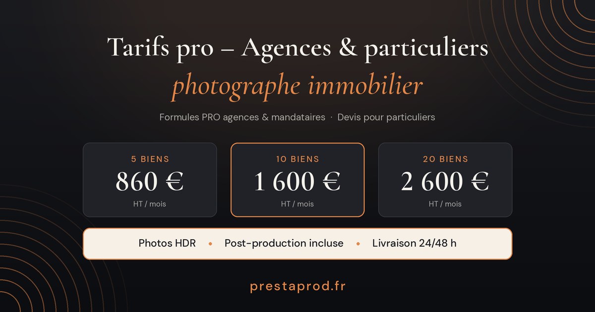 Prestaprod real estate photographer prices: PRO packages for agencies (5, 10 and 20 properties) and quotes for private clients